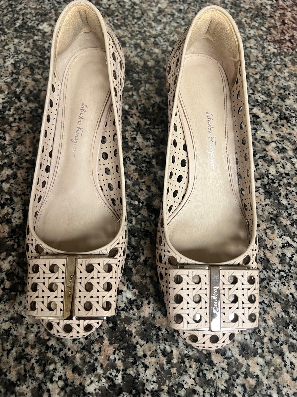Salvatore Ferragamo Cream Laser-Cut Vara Bow Flats